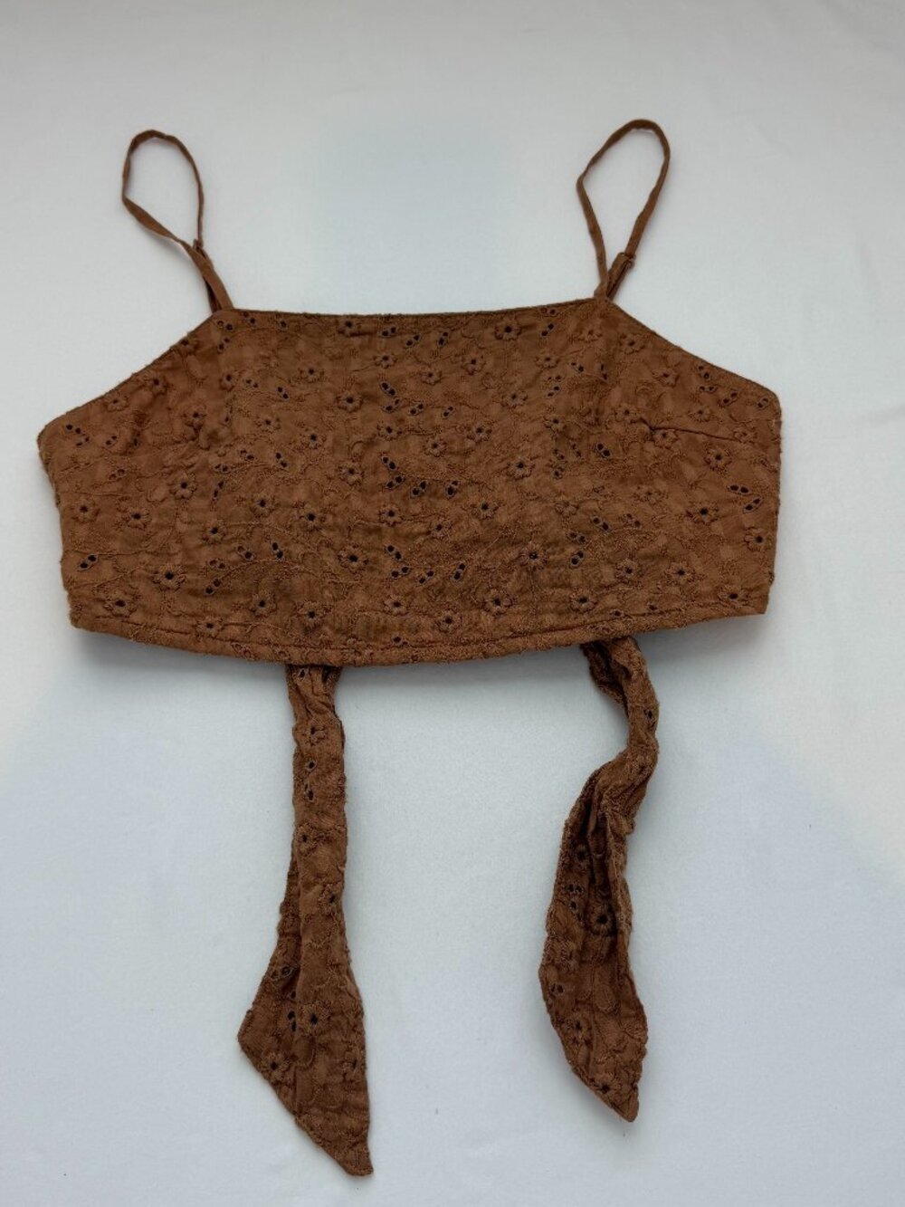 American Eagle Womens Small Brown Eyelet Crop Top Open Back Tie Boho
